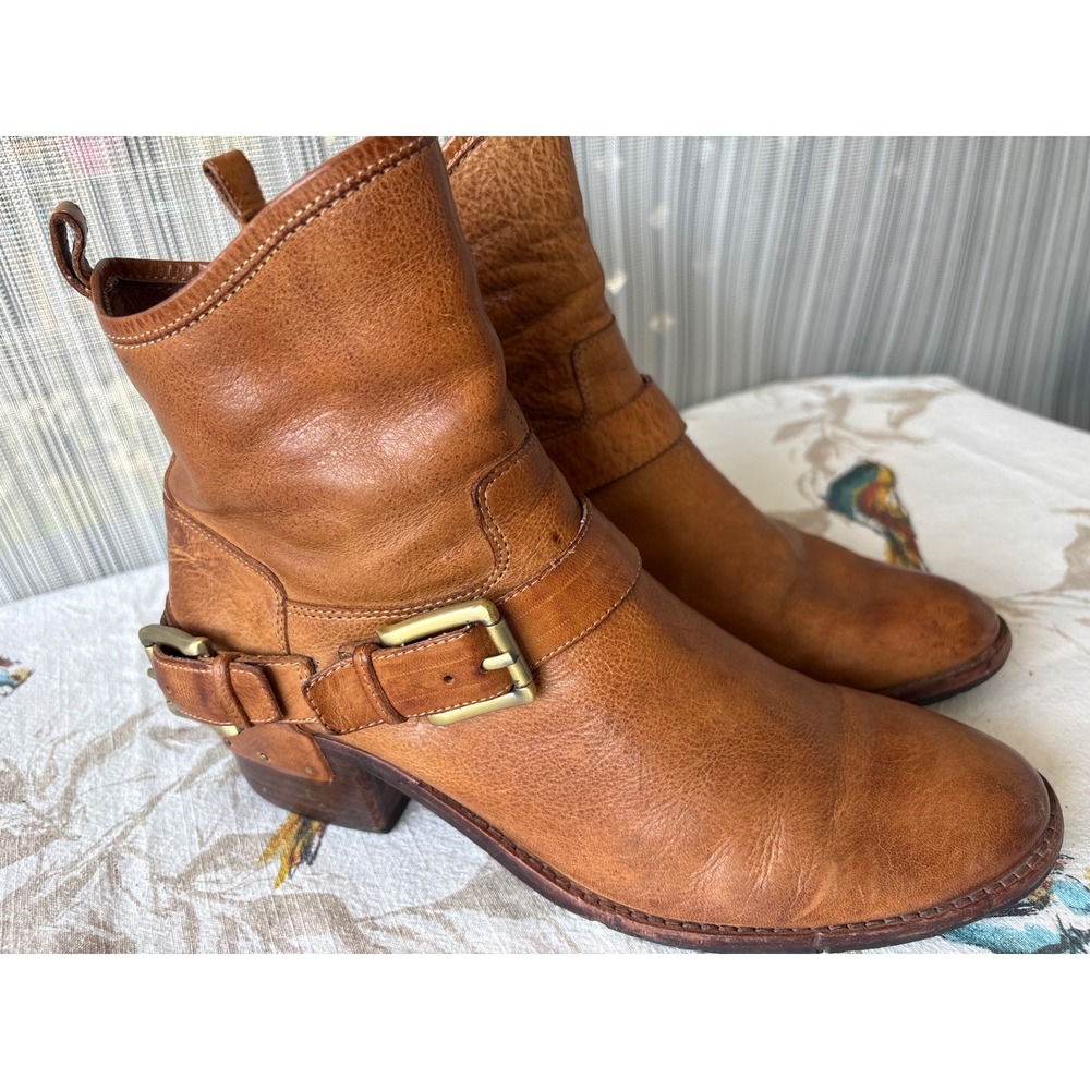 Donald J Pliner Wade Tan Leather Harness Ankle Boots Buckle Studded Brown 9M